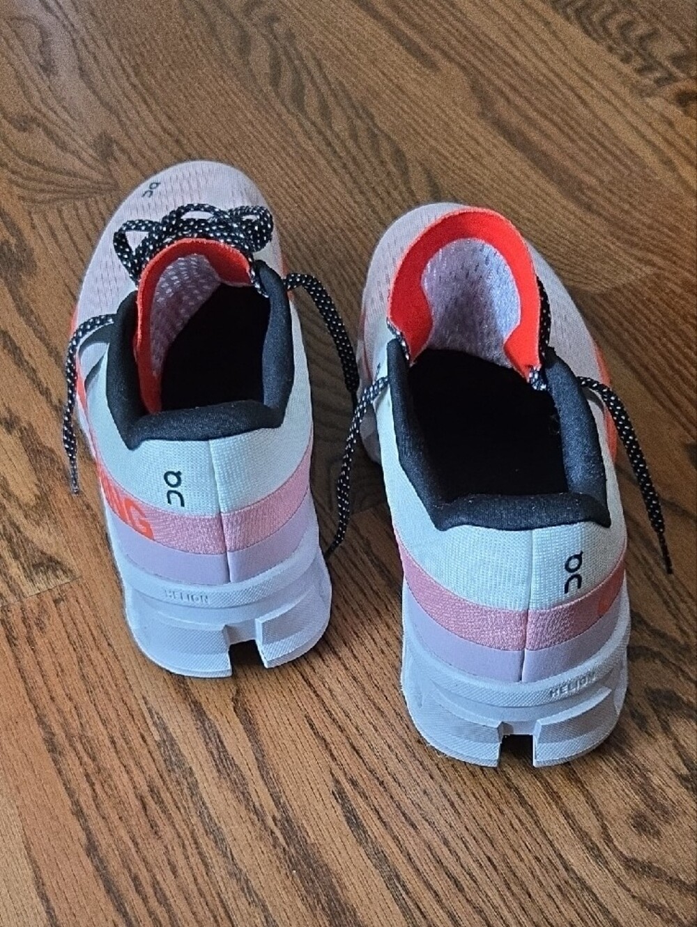 On Clouds Running Women White & Coral Pink Accent Sneakers. - Picture 4 of 5